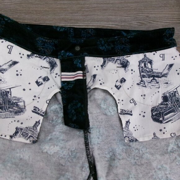 Like New Pilcro and the Letterpress SCRIPT Velvet Jeans Black Blue Print 29 Pant - Picture 11 of 13